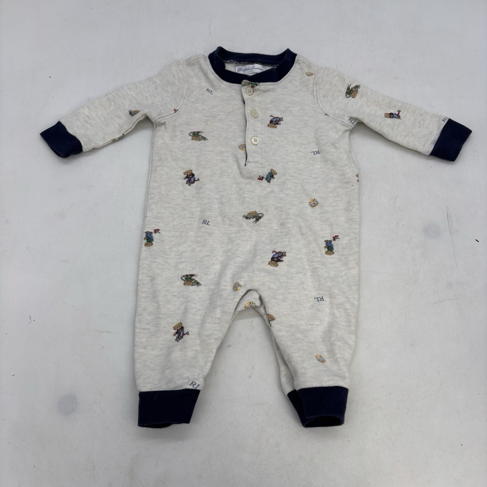 Ralph Lauren Footed Outfit Boys Size 3 Month 3M Gray Blue Trim Polar Bear